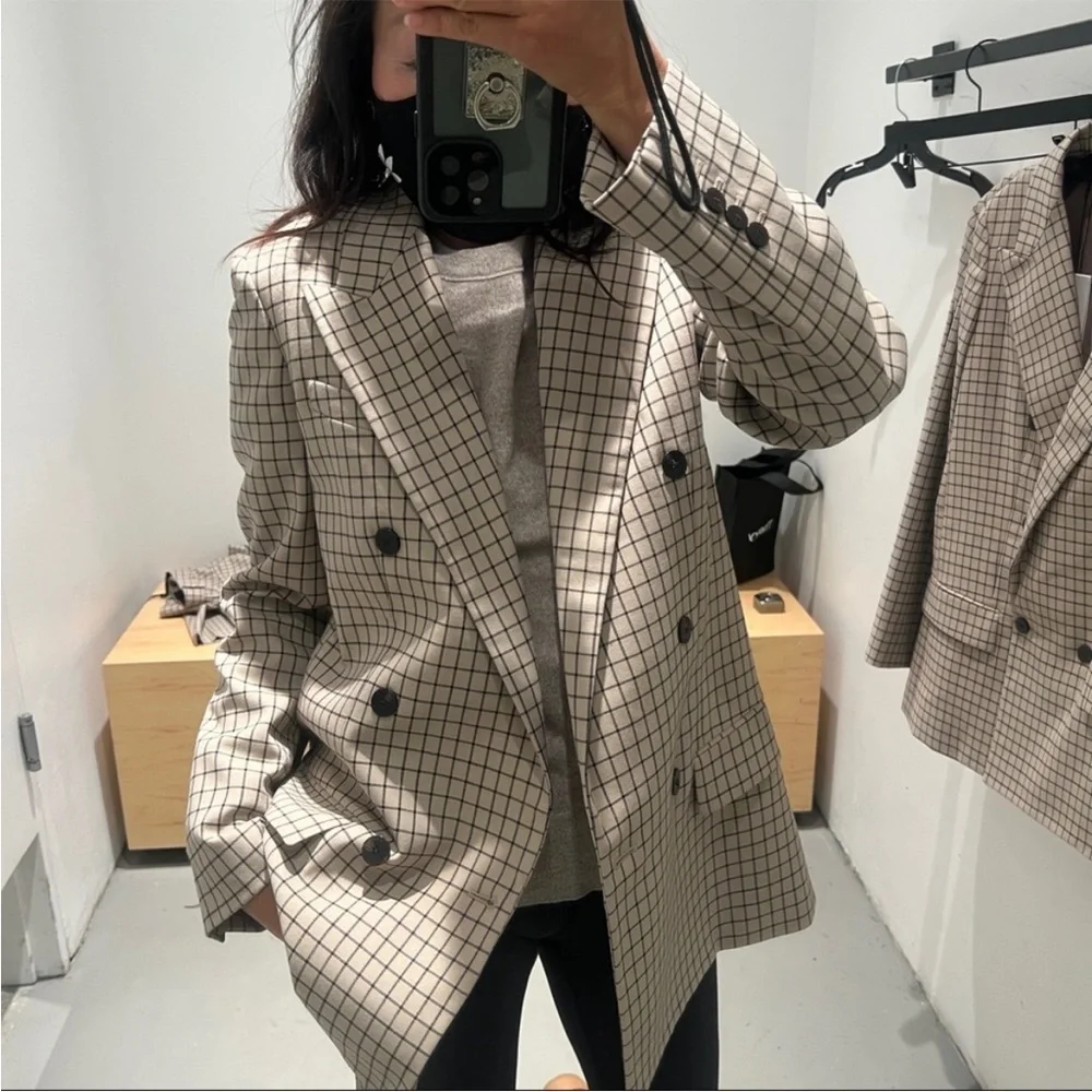 THEORY double breasted blazer tan plaid check size 8‎
